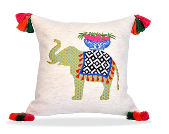 Elephant Embroidered Throw Pillow - Decorative Pillow Cover - Safari Series Pillow Case - Fringed Colorful Cushion Cover - Safari Series 1/4