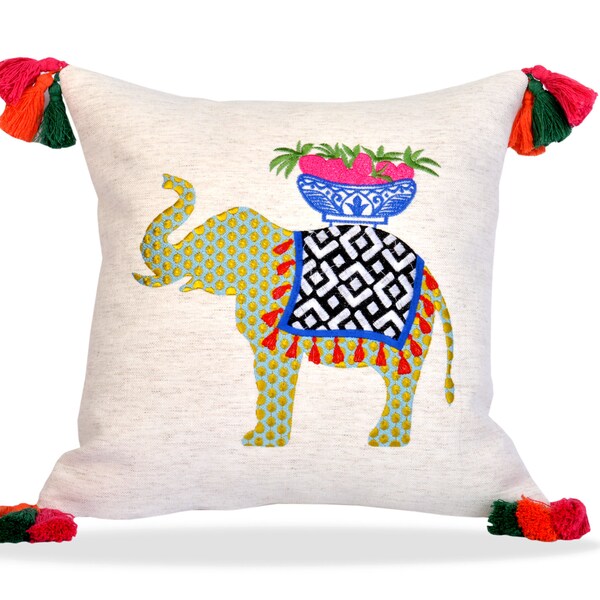 Elephant Embroidered Throw Pillow - Decorative Pillow Cover - Safari Series Pillow Case - Fringed Colorful Cushion Cover - Safari Series 1/4