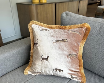 Funda de almohada de terciopelo con bordado de leopardo / Decoración boho chic