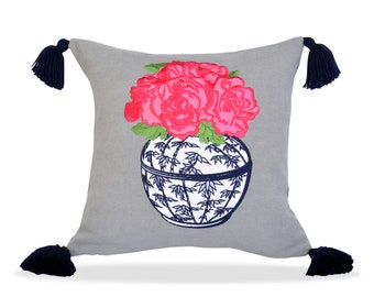 Flower Pattern Gray Linen Throw Pillow Cover - Navy Tassel Cushion Cover - Decorative 18 x 18 Vase Pattern Pillow Case - Unique Gift idea