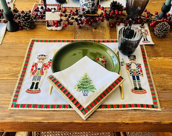 Nutcrackers Pattern Linen Placemats - Set of 2, 4, 6, 8 - Red & Green Chekers Cloth Coaster - Christmas Dining Decor - New Year Table Linens