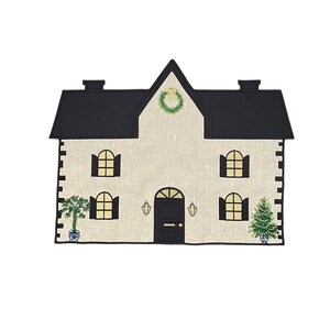 Christmas House Pattern Linen Placemats - Unique House Shaped Dinner Placemat Set  - Christmas Village Concept - New Year Dining Table Linen