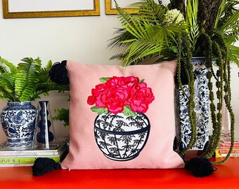 Pink Linen Throw Pillow Cover - Flower Embroidered Pillow Case - Navy Blue Fringe Cushion - Pink Throw Pillow - Attractive Decoration Item