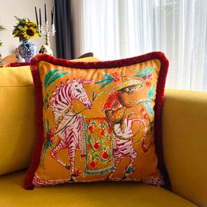 Pink Zebra & Monkey Pillow Cover - Orange Velvet Cushion - Animal Print Decor - Artistic Gift Pillow - Decorative Home Blessing