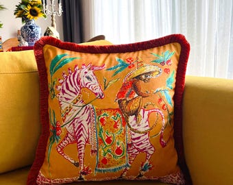 Pink Zebra & Monkey Pillow Cover - Orange Velvet Cushion - Animal Print Decor - Artistic Gift Pillow - Decorative Home Blessing
