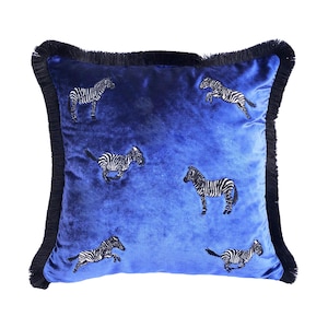 Vibrant Blue Zebra Velvet Pillow – Boho Animal Print Cushion with Black Tassels