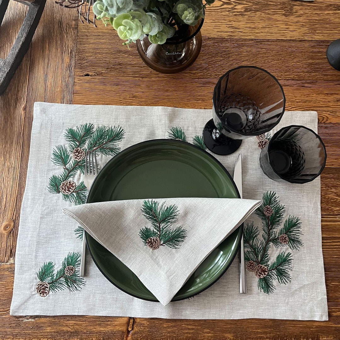 Christmas Table Decor Placemats Pine Cone Pattern Cloth Etsy