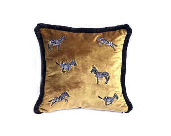 Zebra Print Gold Velvet Pillow Cover -  Black Tassel Throw Pillow - Attractive Zebra Pattern Boho Decor Cushion - Accent Pillow For Couch
