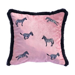 Zebra Print Pink Velvet Pillow – Boho Animal Print Cushion with Black Tassels