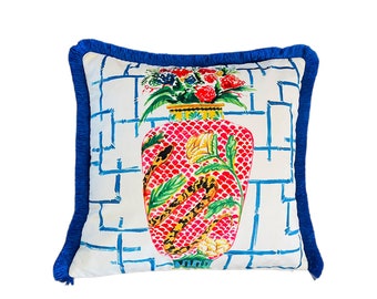 Vintage Snake Painted Vase Pattern Throw Pillow Cover - Heritage Series Velvet - Blue Tassel Cushion