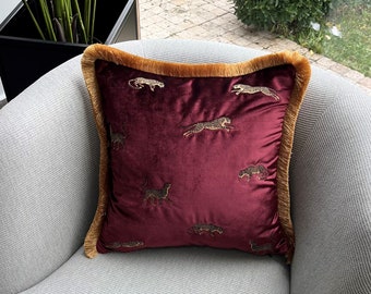 Leopard Pattern Throw Pillow Cover - Bordeaux Red Velvet Pillow Case - Gold Fringed Throw Pillow  - Burgundy Velvet Cushion - Unique Gift