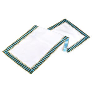 White Linen Table Runner – Blue and Gold Striped Border – Elegant Table Decor