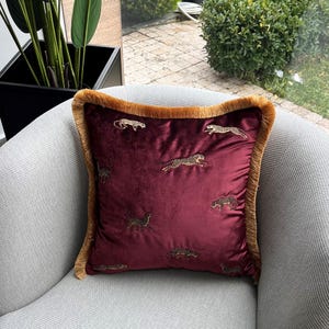 Burgundy Velvet Pillow Cover | Leopard Embroidered Cushion | Decorative Throw for Couch