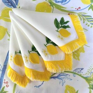 Lemon Pattern Service Napkins 100% Linen Napkins White Serviette Towel Set of 2 4 6 8 Attractive Table Napkins Handmade Tassels image 1