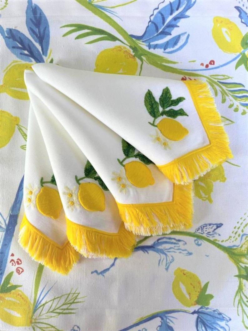 Lemon Pattern Service Napkins 100% Linen Napkins White Serviette Towel Set of 2 4 6 8 Attractive Table Napkins Handmade Tassels image 1