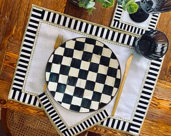 Black and White Checkered Placemat Set of 4, 6, 8 - Decorative Checker Pattern Linen Table Napkins - Gold Detailed Dining Napkins