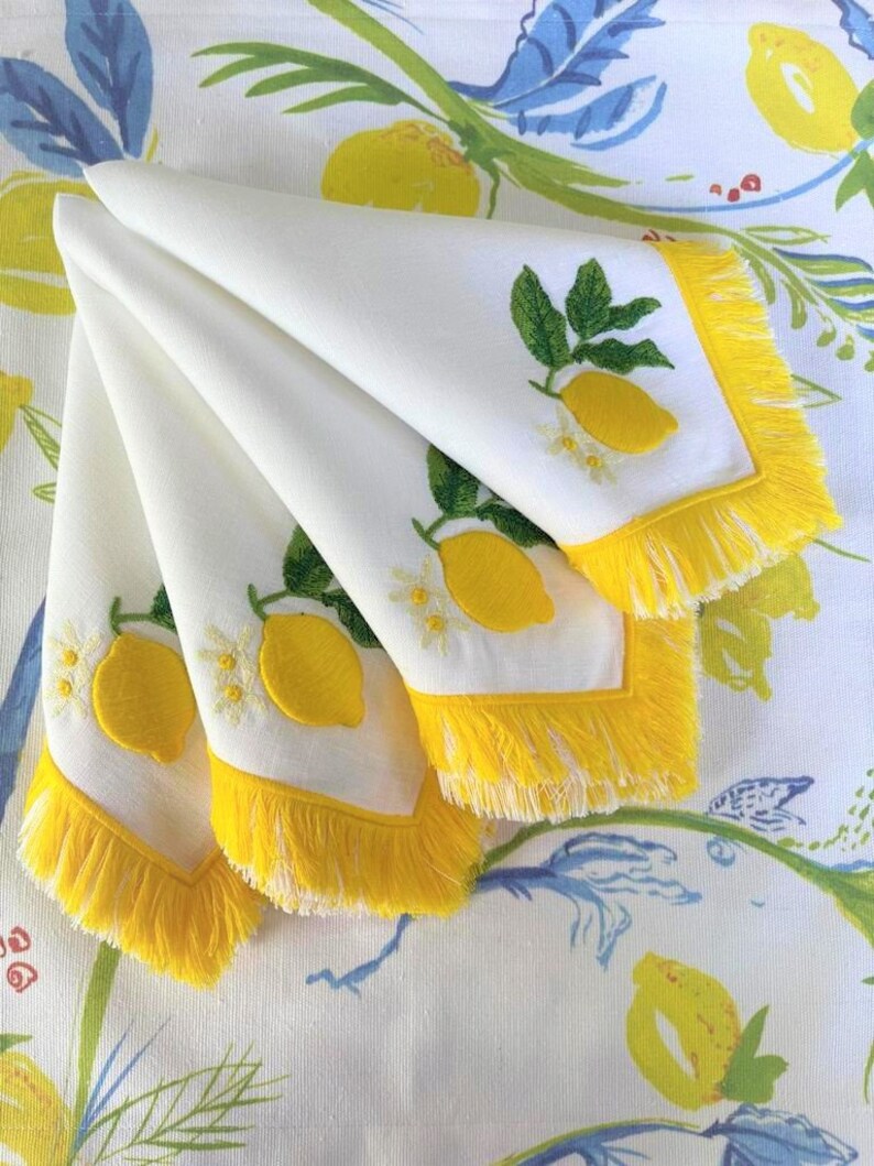 Lemon Pattern Service Napkins 100% Linen Napkins White Serviette Towel Set of 2 4 6 8 Attractive Table Napkins Handmade Tassels image 4