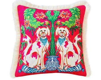 Chinoiserie Dog Pillow - Fuchsia Velvet Cushion - Maximalist Home Decor Accent