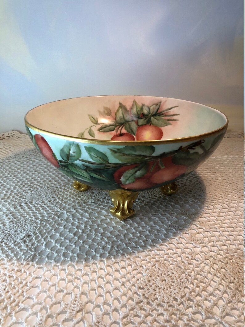 L and V Limoges hand painted porcelain apple bowl