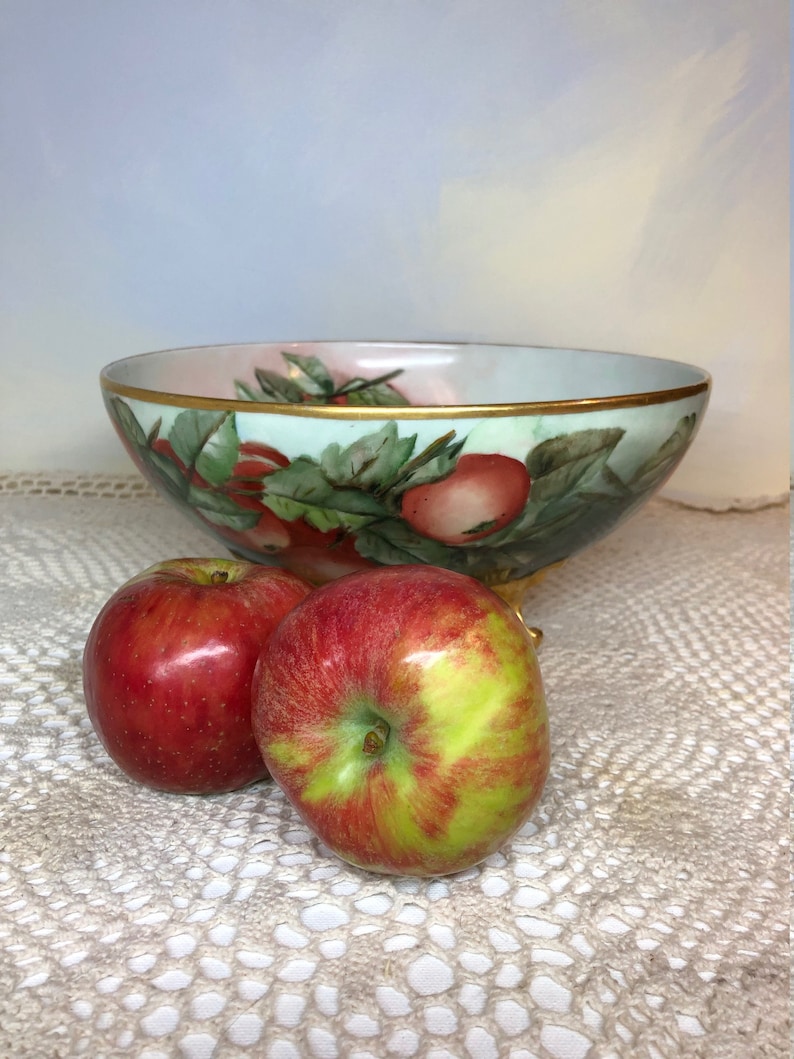 L and V Limoges hand painted porcelain apple bowl