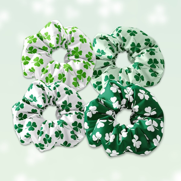 Clover Pattern Scrunchie Hair Ties, St. Patricks Day Irish Scrunchys, St Pattys Day Scrunchies, Green Clover Scrunchie