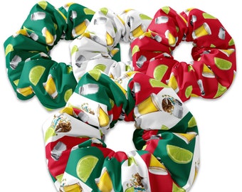 Tequila Shots Lime & Salt Pattern Scrunchie Hair Ties, Mexico Flag Hair Bow Ribbon, Bandera Mexicana Scrunchy Accessory, Cinco de Mayo