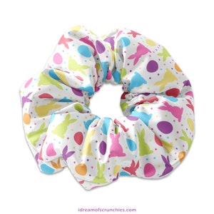 Easter Bunny Polka Dot Pattern on White Fabric Scrunchy Hair Tie,Easter Themed Scrunchies,Easter Rabbit & Eggs Scrunchie, Easter Basket Idea