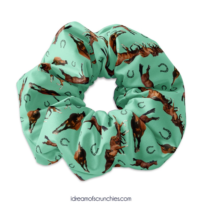 May include: A green scrunchie with a repeating pattern of brown horses and horseshoes.