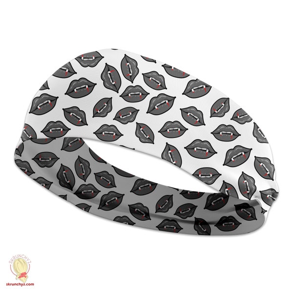 Halloween Vampire Lips on White Stretchy Headband - Cute Trendy Headband, Great for Casual and Active wear, Athletic Head Band, Stretch