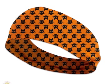 Halloween Black Cats on Orange Stretchy Headband - Cute Trendy Headband, Great for Casual and Active wear, Athletic Head Band, Stretch
