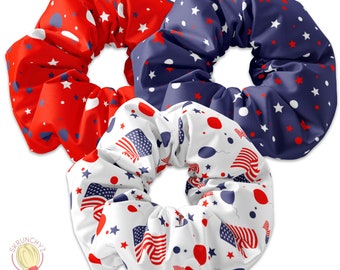 4th of July USA Red White and Blue Festive Scrunchie Set, Independence Day Scrunchy Hair Tie, Fourth of July Hair Accessory, July 4th Bow