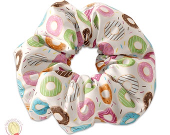 Assorted Donuts Pattern Scrunchie Hair Tie, Doughnut Hair Tie Scrunchy