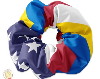 Ukraine and USA Flag Pattern Scrunchie Hair Tie, Ukrainian Flag Hair Bow Ribbon, Ukraine Scrunchy Hair Accessory, Stand With Ukraine
