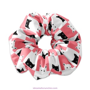 Cute Peeking Kitties on Black & Pink Checkerboard Scrunchy Hair Tie, Kitten Scrunchies, Cat Scrunchys, Kitty Scrunchie Hair Accessory