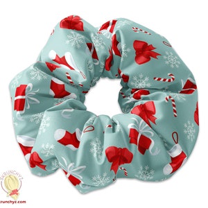 Christmas Ribbons & Stockings, Christmas Presents Themed Scrunchie Hair Tie, Xmas Scrunchys, Xmas theme Scrunchies,Winter Holiday Scrunchies