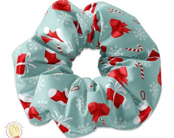 Christmas Ribbons & Stockings, Christmas Presents Themed Scrunchie Hair Tie, Xmas Scrunchys, Xmas theme Scrunchies,Winter Holiday Scrunchies