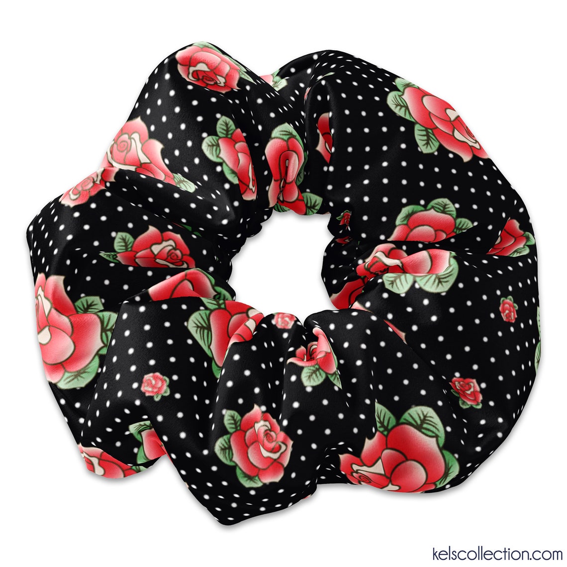 Vintage Style Retro Black Polka Dot Rockabilly Rose Scrunchie | Etsy