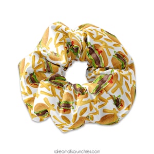 Fast Food Burgers and Fries Scrunchie Hair Tie, Hamburgers and French Fries Scrunchy Hair Accessory