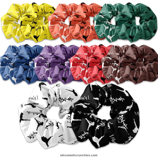 Karate Belt Themed Scrunchie Hair Ties in Belt Colors, Karate Scrunchys with Female Karate Silhouettes, Martial Arts & Self Defense Scrunchy