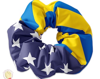 Ukraine and USA Flag Pattern Scrunchie Hair Tie, Ukrainian Flag Hair Bow Ribbon, Ukraine Scrunchy Hair Accessory, Stand With Ukraine