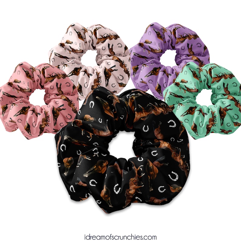 May include: Five colorful scrunchies with a horse and horseshoe pattern. The scrunchies are in pink, purple, green, black, and brown.