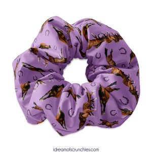 May include: Purple scrunchie with a repeating pattern of brown horses and black horseshoes.