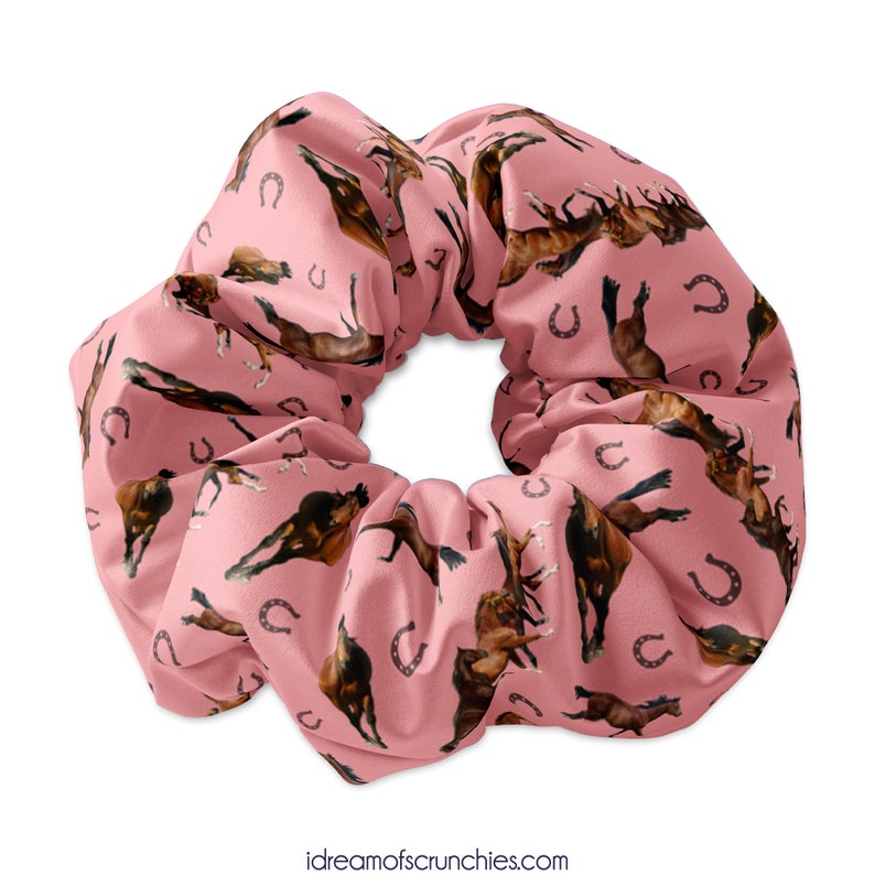 May include: Pink scrunchie with a repeating pattern of brown horses and silver horseshoes.