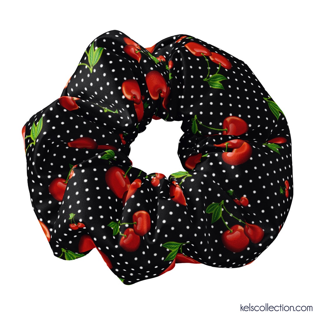 Vintage Style Retro Black Polka Dot Rockabilly Cherries Scrunchie Hair ...