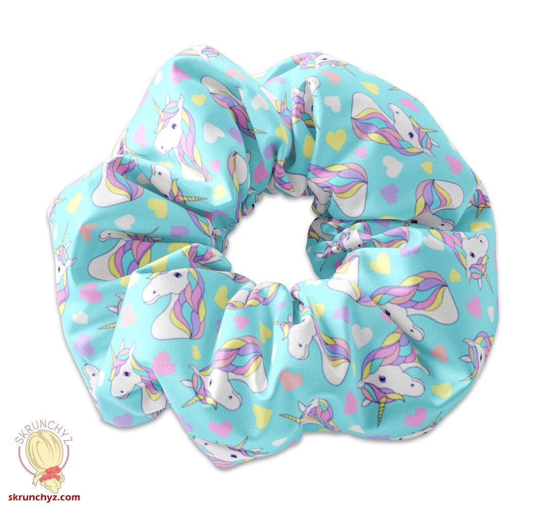 Pastel Unicorns and Hearts Scrunchie Hair Tie, Colorful Unicorn