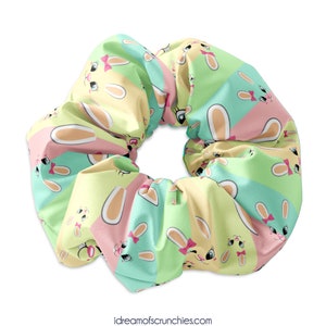 Easter Bunny Face Hair Scrunchie on Easter Pastel Colored Fabric,5 colors to choose from,Easter Colorful Scrunchy Hair Tie,Easter Scrunchies