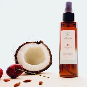 Aceite bronceador, aceite bronceador dorado de coco, bronceador solar tropical, aceite corporal vegano, verano de Moelian