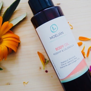 Rosehip and Calendula Body Oil,  Beauty Massage Oil, anti Stretch mark Collagen Oil, Organic Body Care, Maternity Belly Oil, Vegan, Moelian
