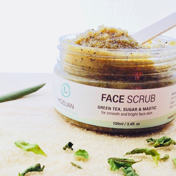 Green Tea & Sugar, Face Scrub, Organic Face Scrub, Natural Sugar Scrub, Green Tea Scrub, Mastic, Olive Oil, Shea Butter, Vegan, Moelian