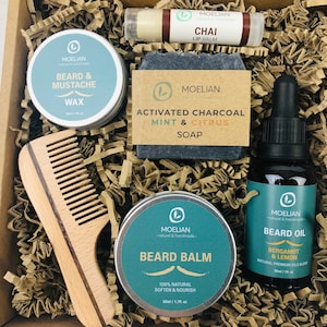 Geschenkbox, Bartpflege-Kit, Bartpflege-Set, Geschenk für den Bräutigam, Vatertagsgeschenk, Bartöl, Bartkamm, Bartwachs, Kohleseife, Geschenk für Männer
